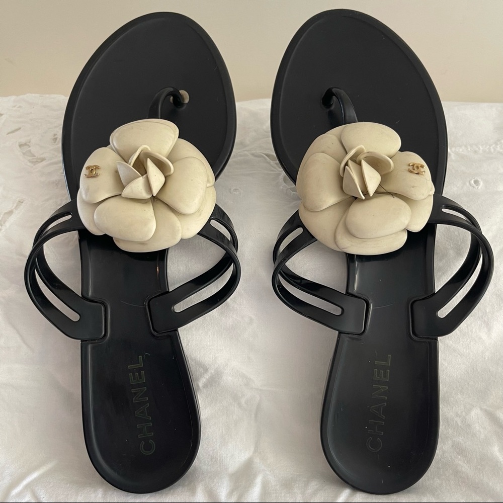 Chanel Sandals Camellia Coco Mark Size 40 Women's Black x cream